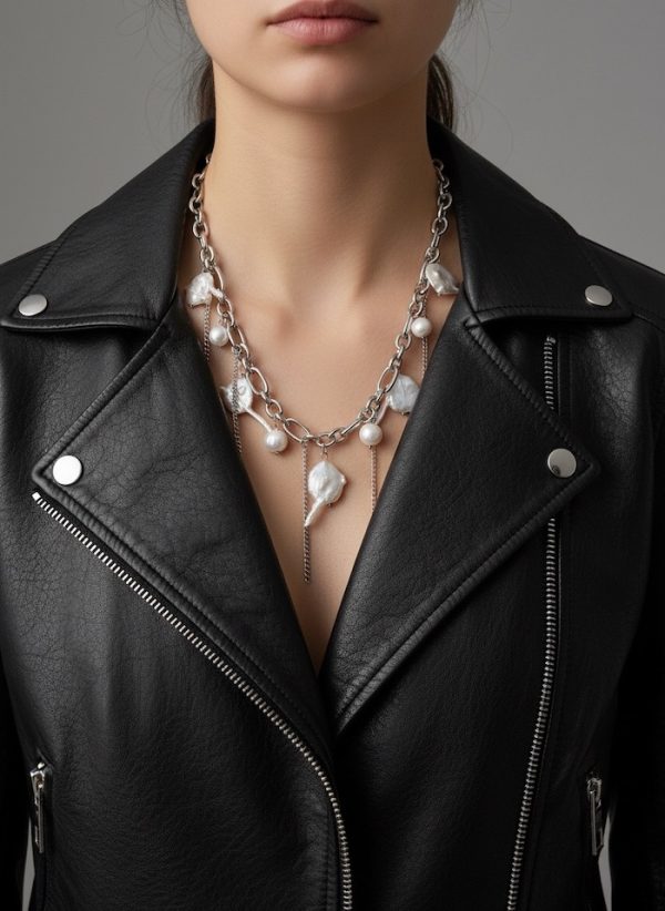 Pearl Rebel Necklace Silver – halsband i rostfritt stål med sötvattenspärlor och keshipärlor.