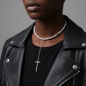 Pärlhalsband med långt silverfärgat kors och kedja – Cross Necklace