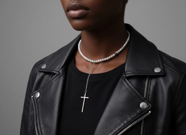 Pärlhalsband med långt silverfärgat kors och kedja – Cross Necklace