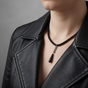 After Dark svart pärlhalsband med silverfärgade detaljer och svart droppe