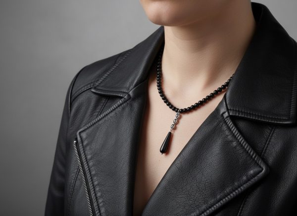 After Dark svart pärlhalsband med silverfärgade detaljer och svart droppe