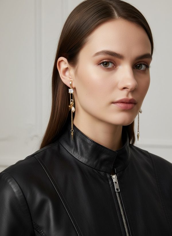 Bling Safety-Pins guldfärgade statement örhängen med kedjor och pärlor