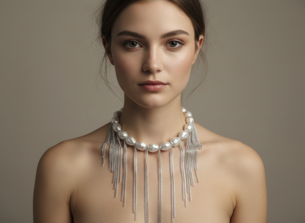 BIG Messy Pearls statement halsband med stora snäckskalspärlor och hängande kedjor i rostfritt stål