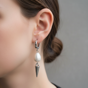 Silverfärgade örhängen med spike och droppformad pärla från By Bertlett