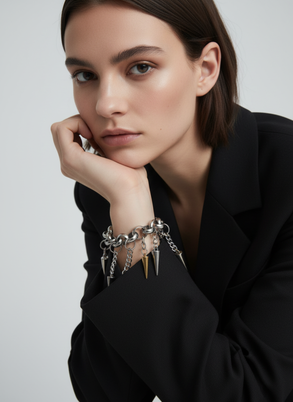 Modell bär Long Spikes armband med hängande spikes i kedjor