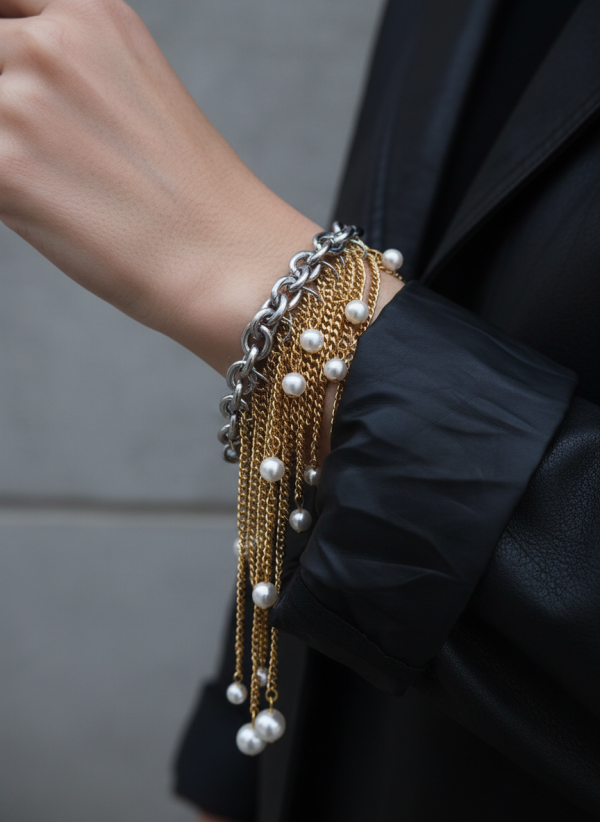 statement armband med hängande kedjor och pärlor i modern design från By Bertlett, finns i stål och guldfinish
