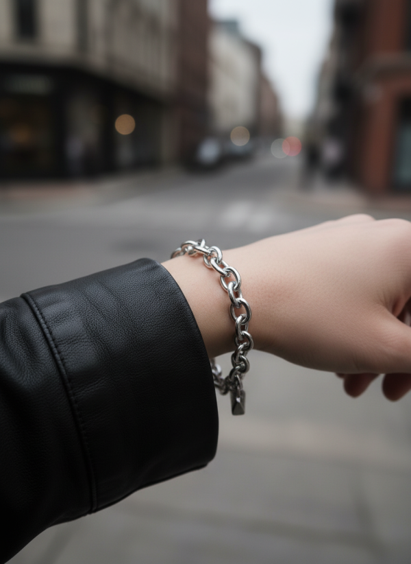 Armband i rostfritt stål med en liten väska som berlock