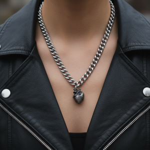 Ett halsband i rostfritt stål med ett anatomiskt hjärta