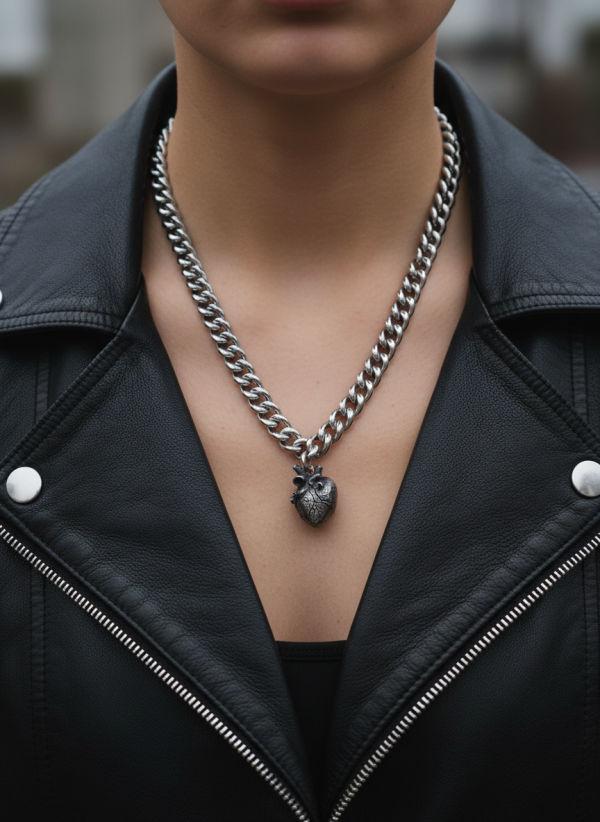 Ett halsband i rostfritt stål med ett anatomiskt hjärta