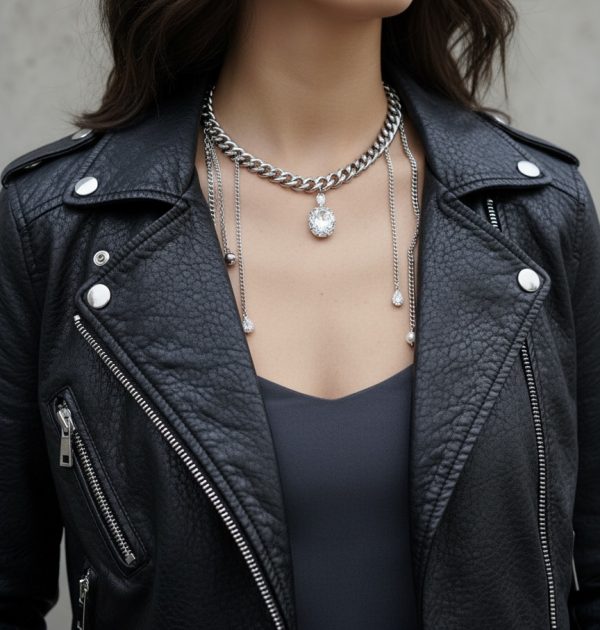 Halsband i rostfritt stål med stor cubic zirconia och hängande kedjor i statement design