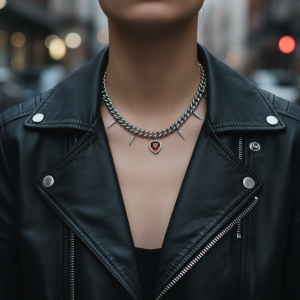 Unikt halsband med cubic zirconia klädda spikes och hjärta