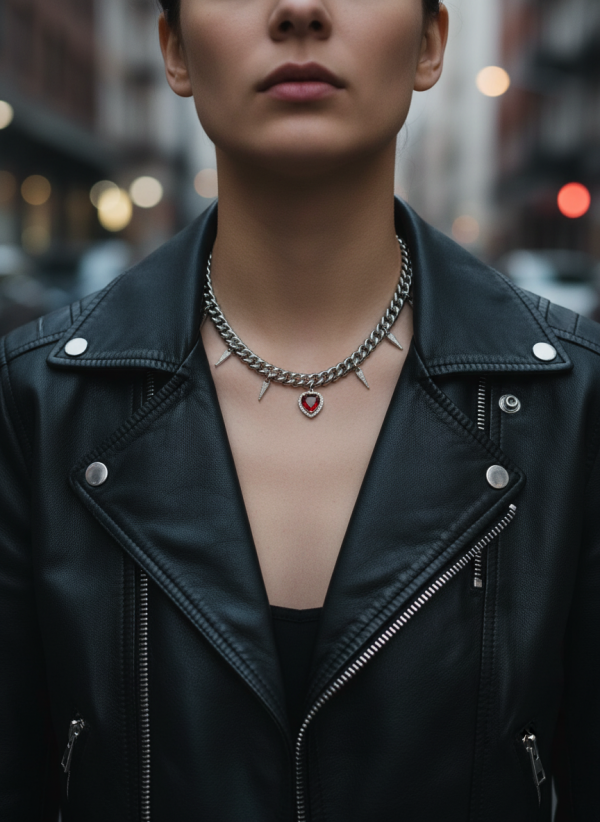 Unikt halsband med cubic zirconia klädda spikes och hjärta