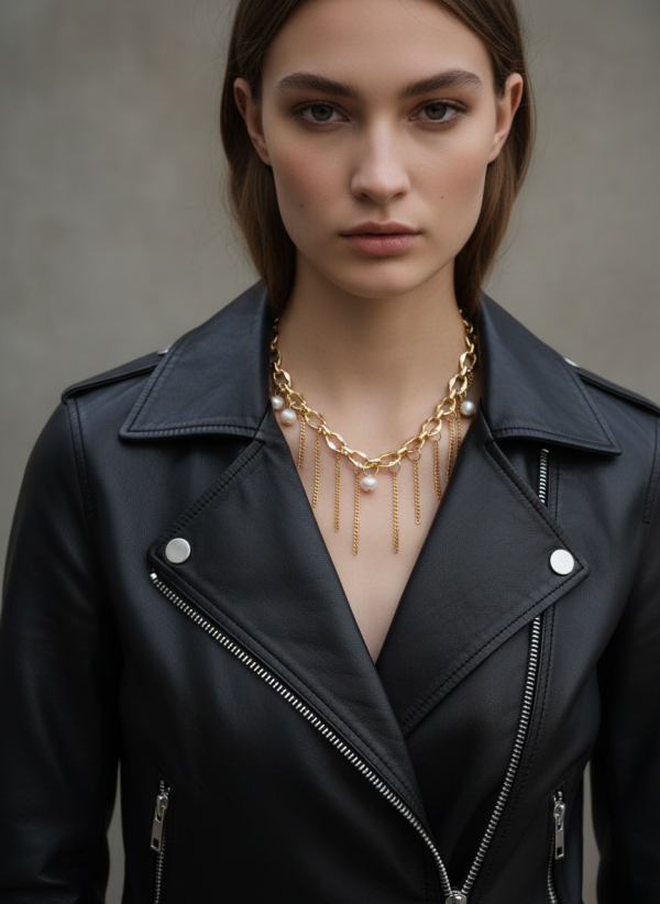 he Golden Chain halsband i mässing med kedjor i rostfritt stål och sötvattenspärlor