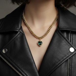 Halsband i mässing med grönt cubic zirconia-hjärta och kedja i statement design