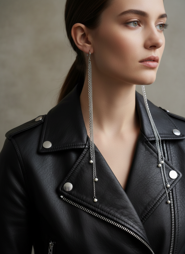 långa örhängen med kedjor i rostfritt stål och pärlor i modern statement design från By Bertlett