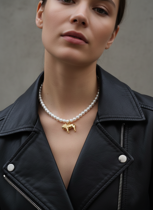 My Pet halsband med vita pärlor och guldfärgad bulldog i rostfritt stål