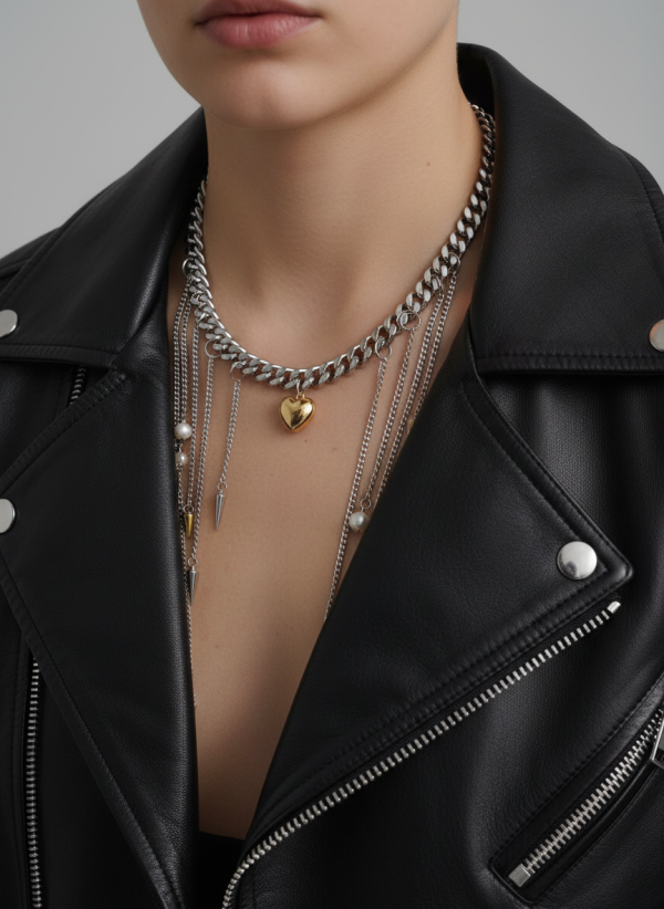 Modell bär Golden Heart Necklace med guldfärgat hjärta, pärlor, spikes och hängande kedjor