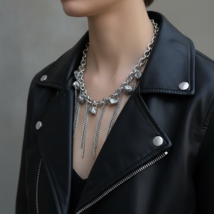 Halsband med kvarts kristaller och silverkedjor i rostfritt stål i rå design