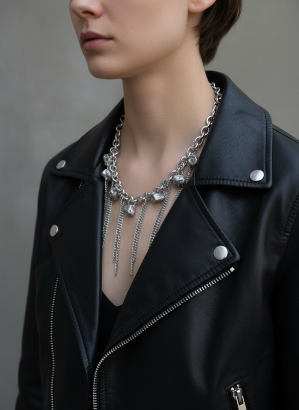 Halsband med kvarts kristaller och silverkedjor i rostfritt stål i rå design