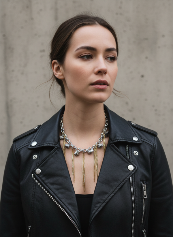 Halsband med kvarts kristaller och guldfärgade kedjor i rostfritt stål i statement design