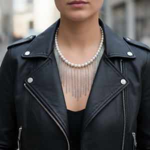 Silverfärgat Messy Pearls halsband med snäckskalspärlor och kedjor i rostfritt stål