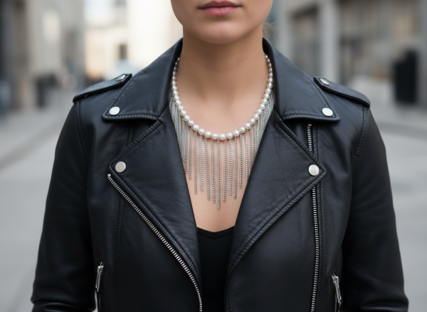 Silverfärgat Messy Pearls halsband med snäckskalspärlor och kedjor i rostfritt stål