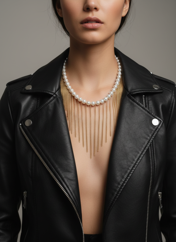 Guldfärgat Messy Pearls halsband med snäckskalspärlor och handklippta kedjor i rostfritt stål