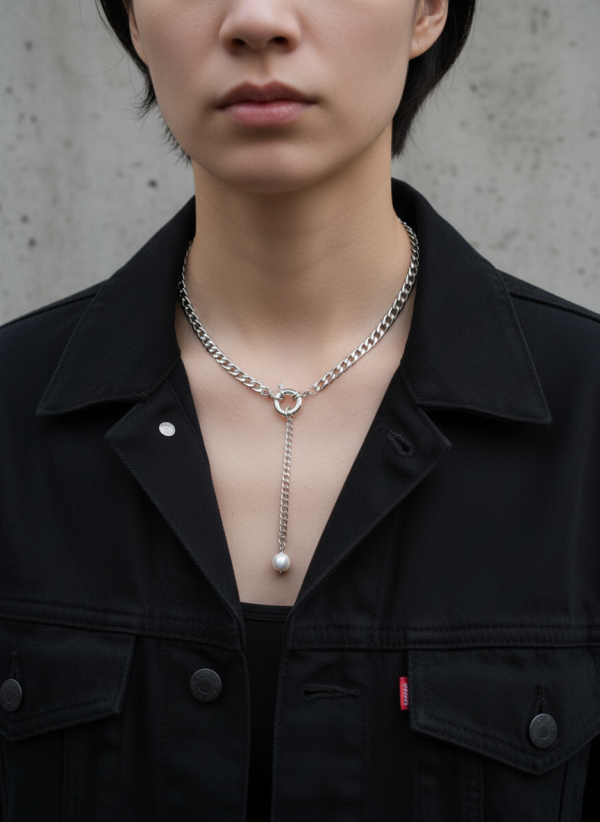 2-i-1 halsband i rostfritt stål med avtagbar kedja och stor sötvattenspärla