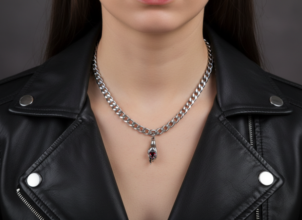 Halsband i rostfritt stål med en hand och rött hjärta