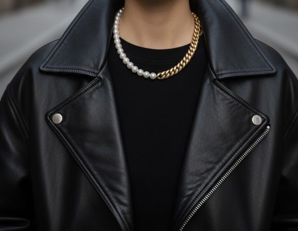 Rock and Romance halsband i guld på modell, kombinerar romantisk och rockig stil.