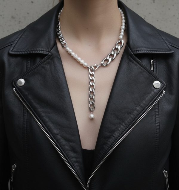 Silverfärgat halsband med kedjor och sötvattenspärlor i rostfritt stål