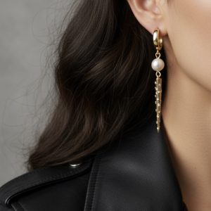 Guldfärgade långa spike örhängen med sötvattenspärlor och cubic zirconia