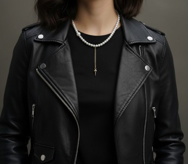 Pärlhalsband med hängande spike i kedja