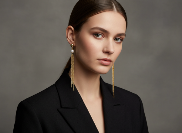 guldfärgade örhängen med sötvattenspärla och tunna kedjor i modern minimalistisk design från By Bertlett