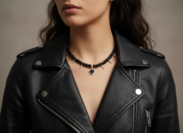 alt="Svart pärlhalsband spikes från By Bertlett"