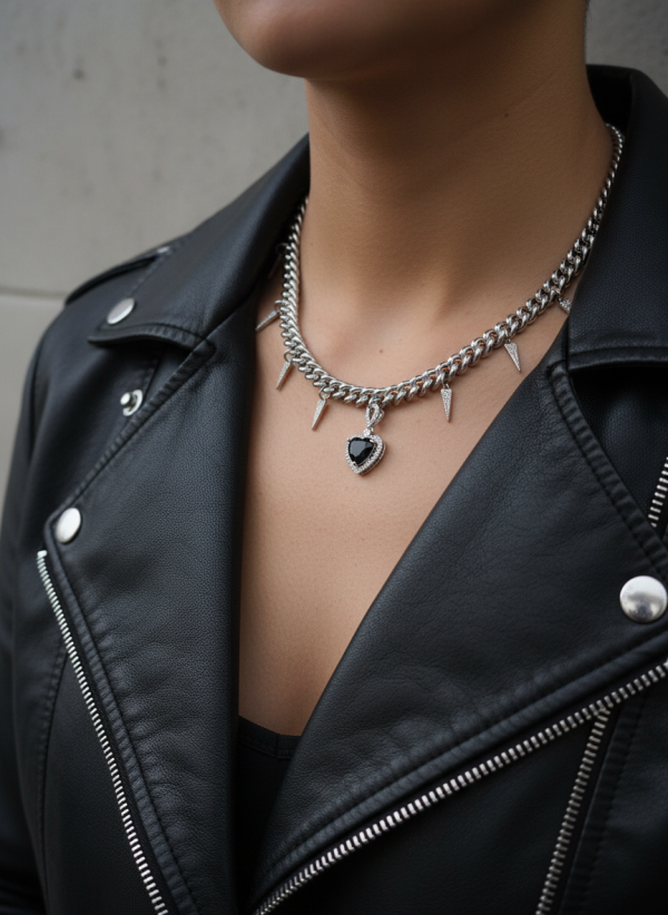 Modell bär Tough Love Black halsband i svart edgy design