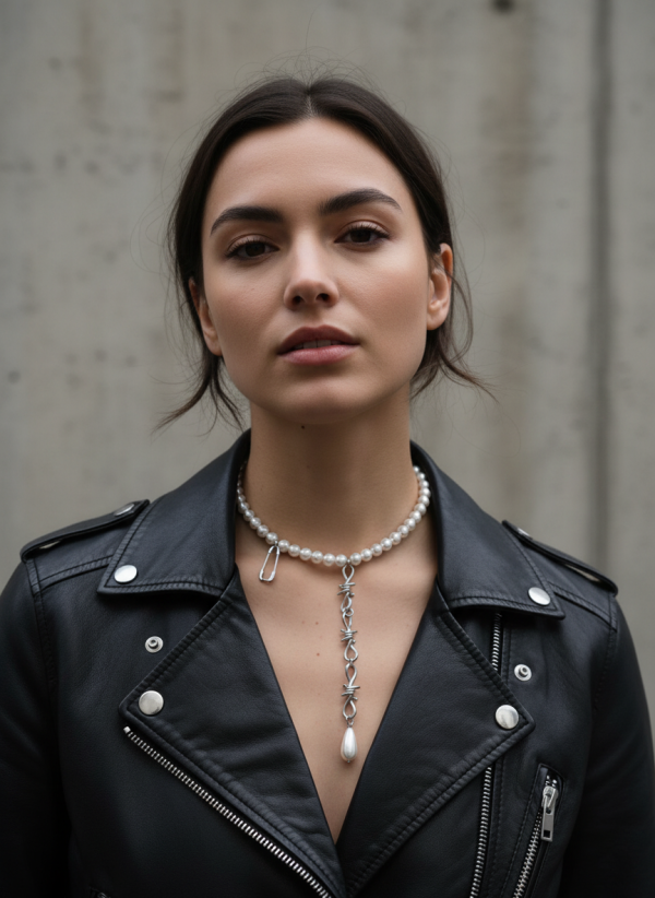 Barbed Wire and Pearls halsband med taggtråd och pärlor i trendig design
