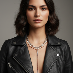 Sötvattenspärlor halsband med lång hängande kedja, frontvy