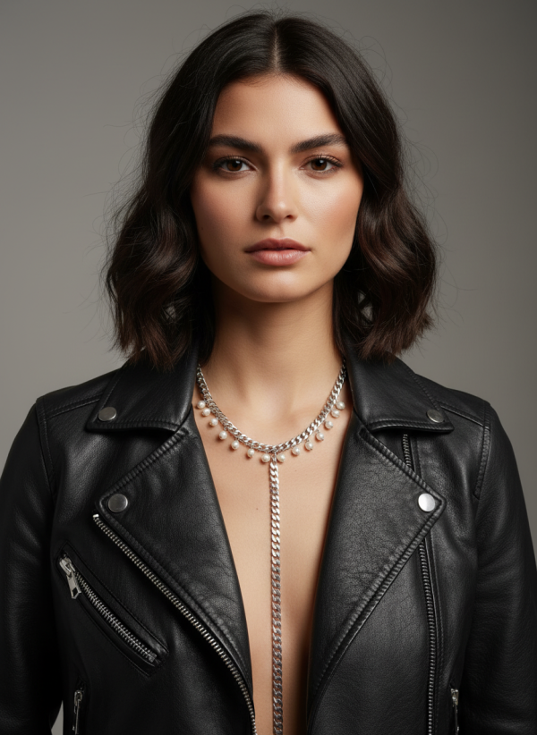 Sötvattenspärlor halsband med lång hängande kedja, frontvy