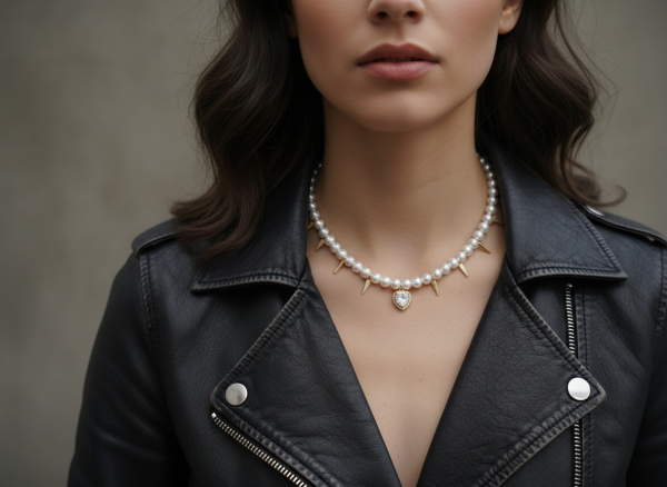 Tough Love Pearls halsband med pärlor, hjärthänge och edgy spikar i guldton
