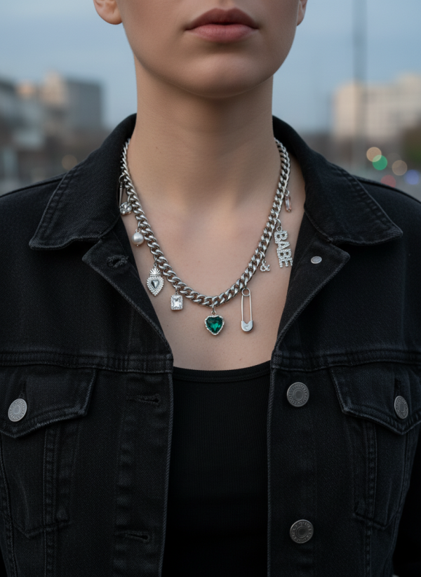 Fun Heart halsband med flera berlocker som hjärta, pärla och säkerhetsnål
