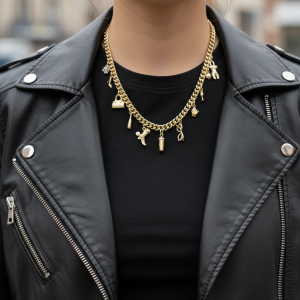 Girls Night Out halsband i guld med berlocker som symboliserar en kväll med tjejgänget