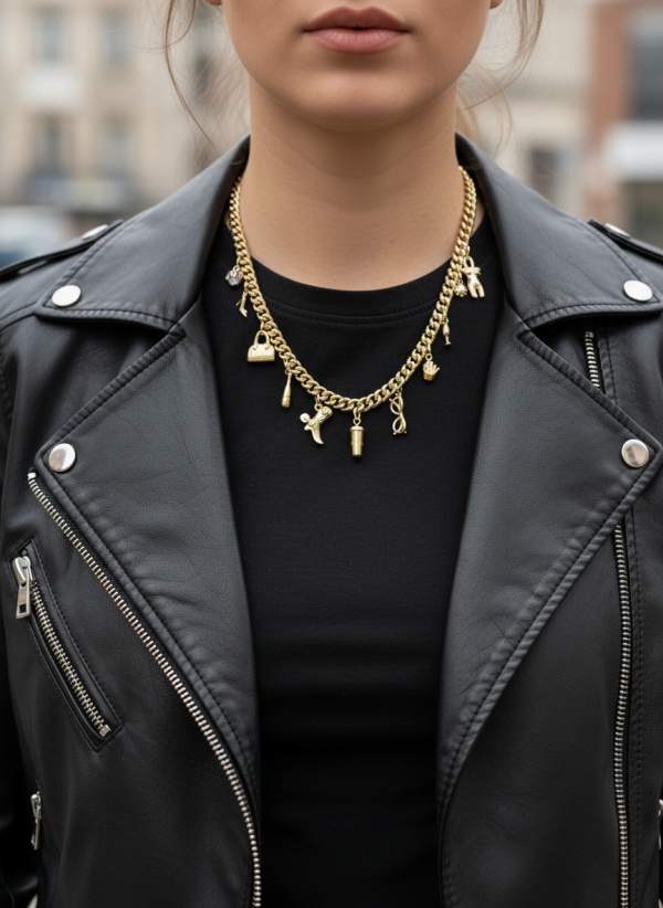 Girls Night Out halsband i guld med berlocker som symboliserar en kväll med tjejgänget